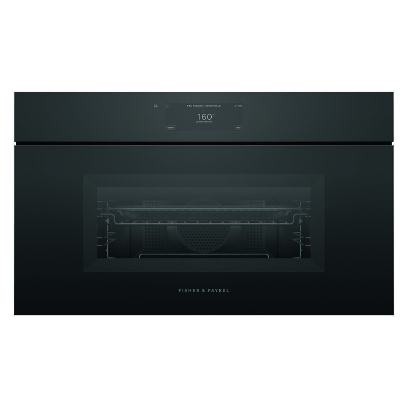 Fisher & Paykel 76cm Minimal Handleless Compact Combi-Microwave Oven – Black Glass (Series 9)